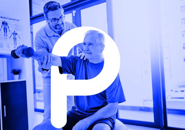 Physiotherapist helping man perform exercise correctly, and letter "p"
